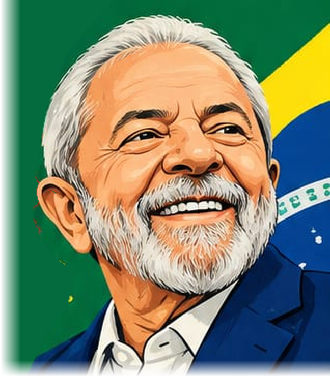Ilustração do presidente Lula sorrindo, com a bandeira do Brasil ao fundo